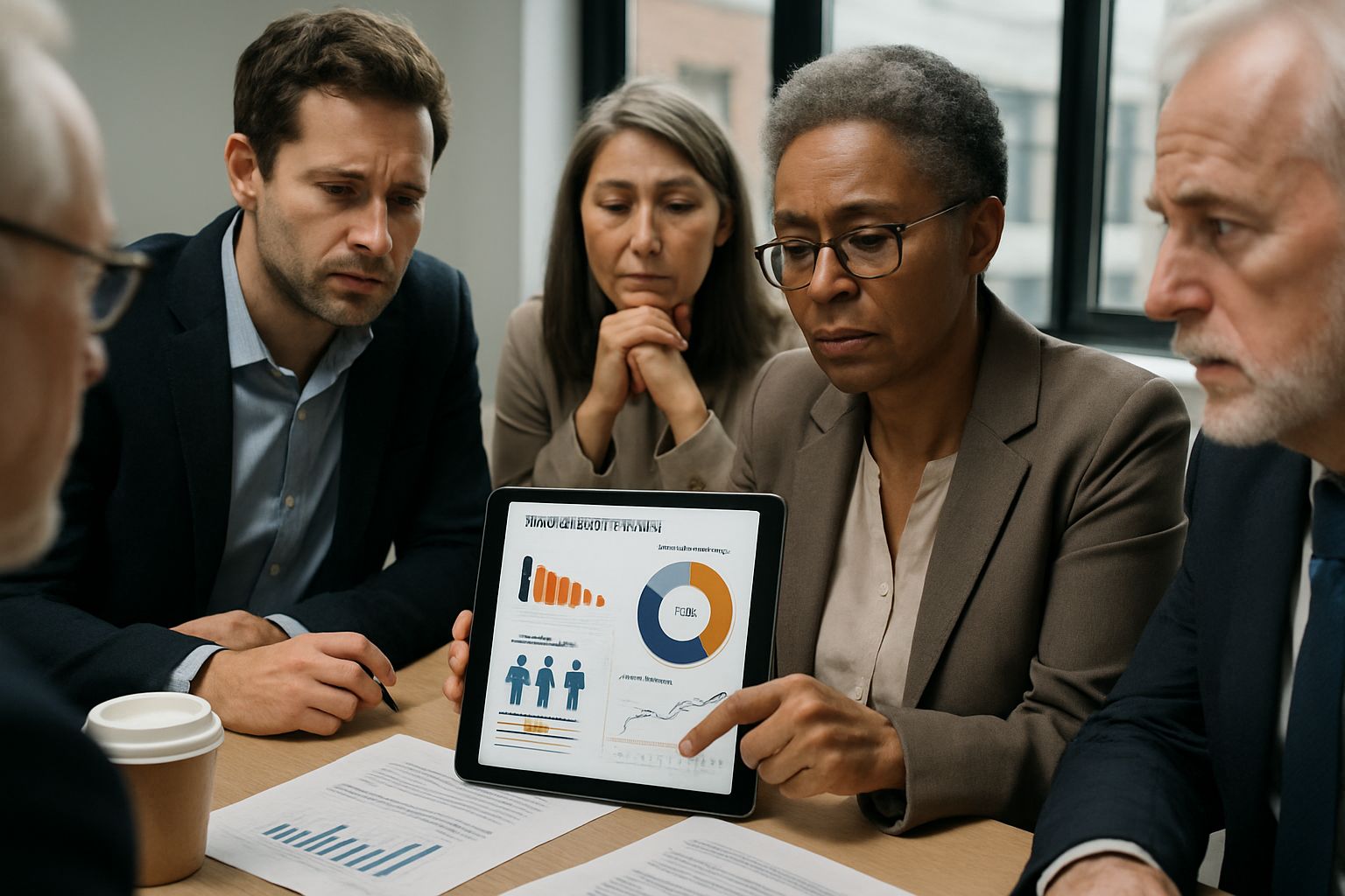 Corporate leaders in a meeting discussing corporate downsizing and workforce data.