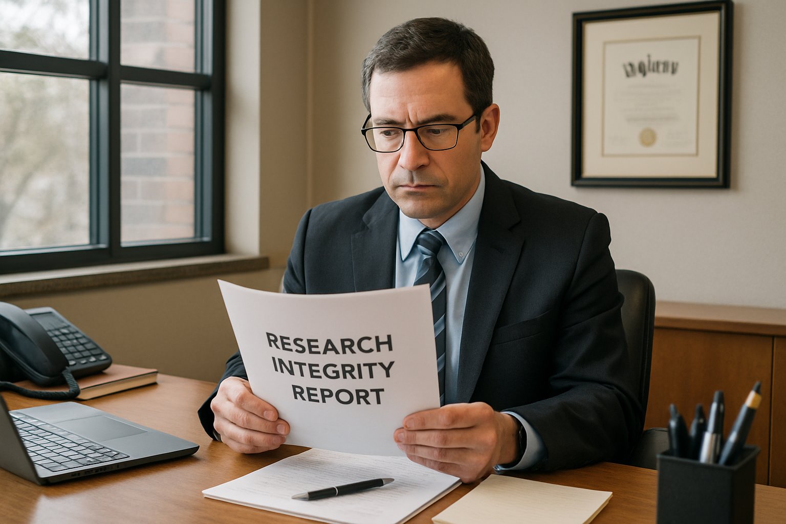 Academic leader studies Research Integrity Erosion report in office