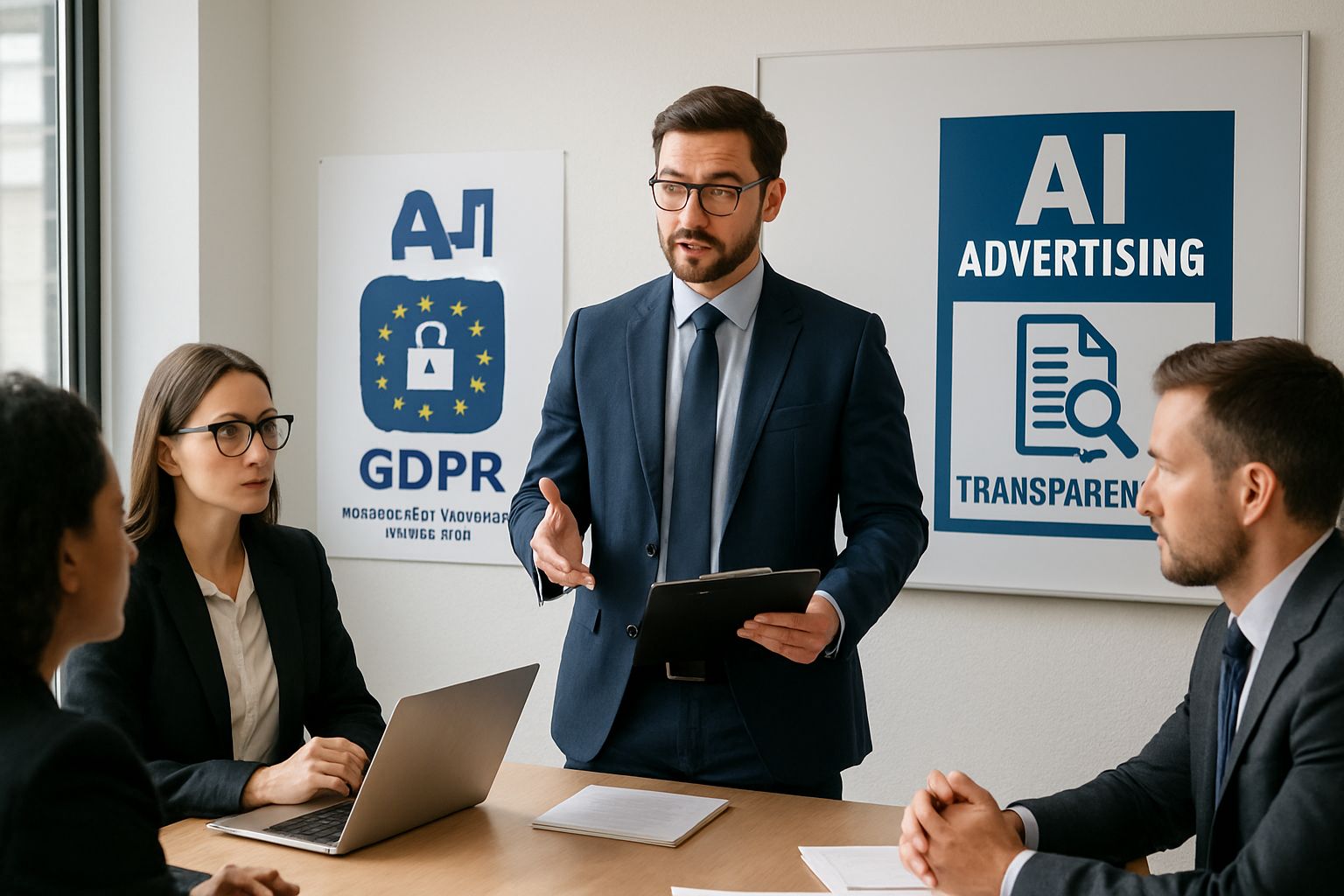Legal advisor briefing professionals on AI Advertising Ethics compliance measures.