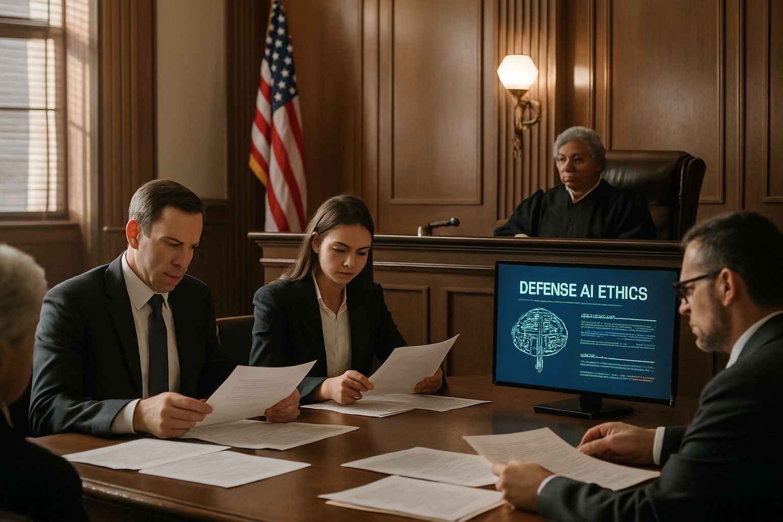 Courtroom scene focusing on Defense AI Ethics litigation and legal documents.