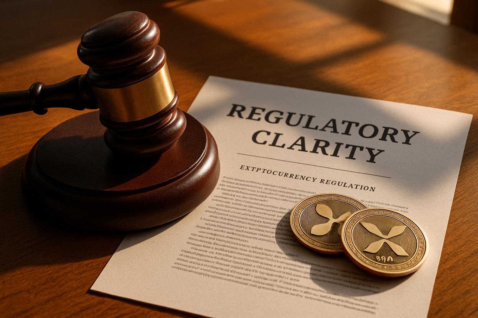 Legal gavel and XRP coins symbolize Regulatory Clarity after settlement developments.