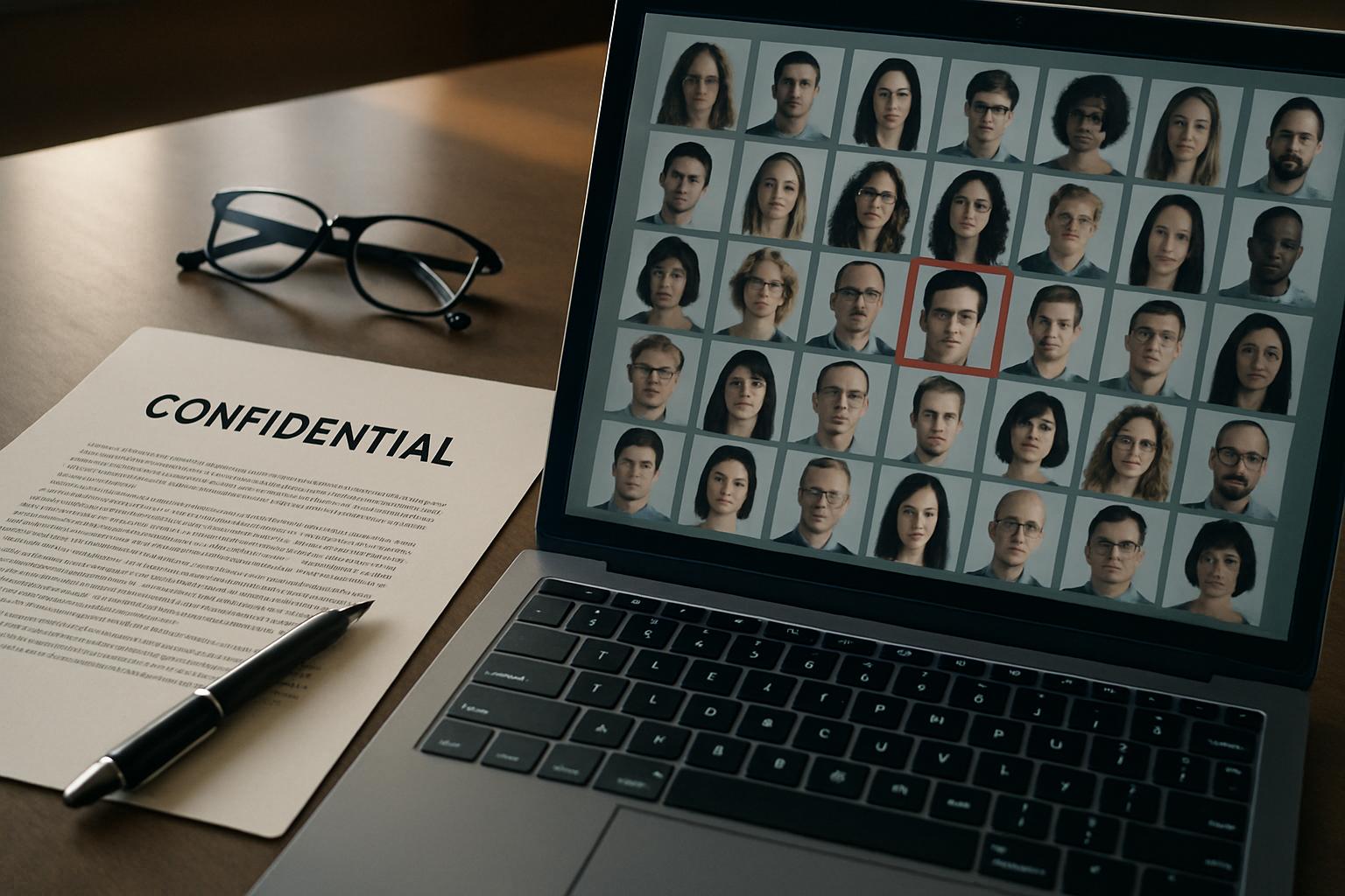 Privacy Violation risk illustrated by confidential data and AI facial datasets.