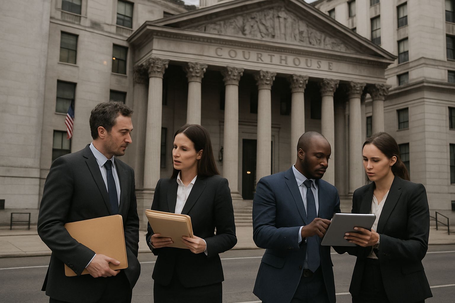 Policy Shift Impact in legal battles outside courthouse with lawyers