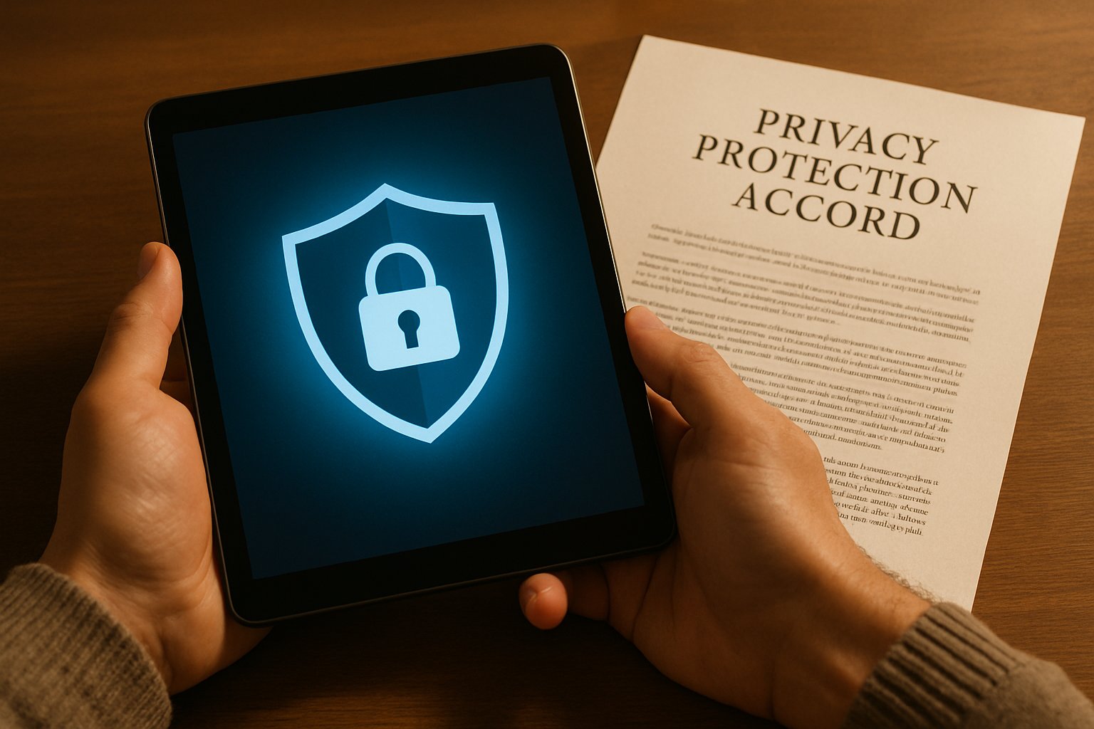 Close-up of hands with Privacy Protection Accord legal documents and digital privacy icon.