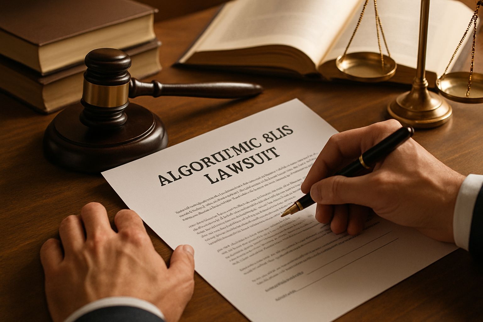 Signing legal documents in Algorithmic Bias Lawsuit against hiring technology vendors.