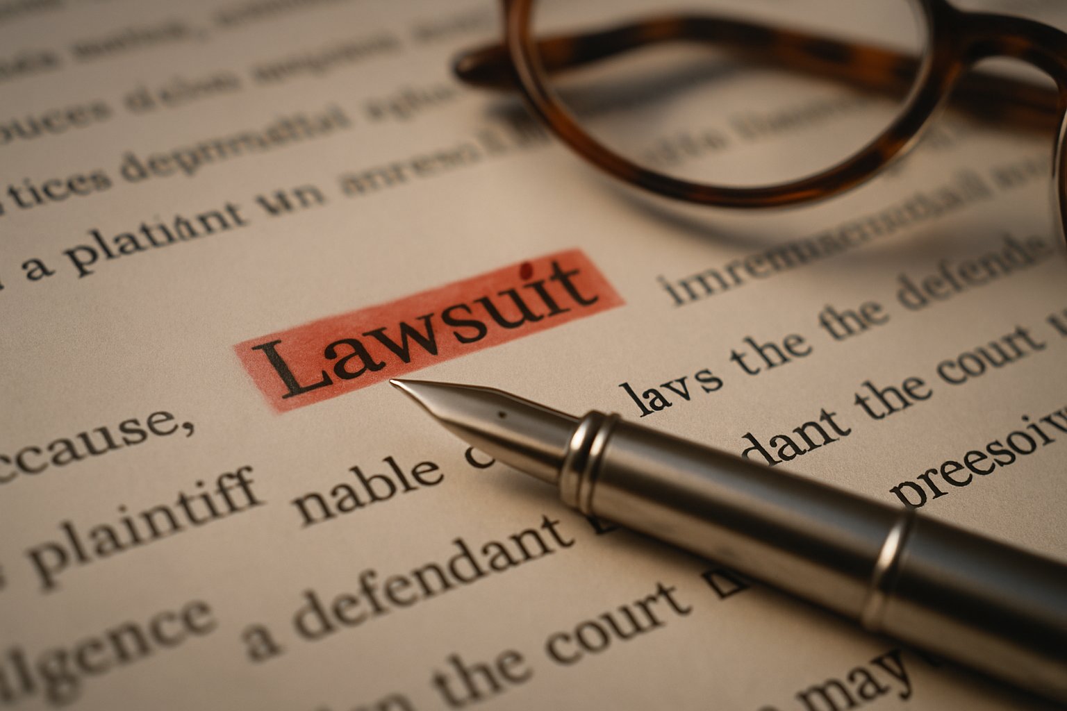Legal document referencing the Grammarly AI Removal lawsuit with pen and glasses.
