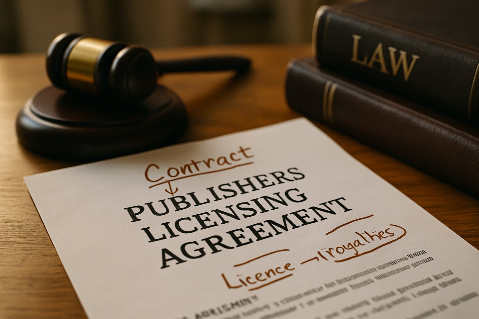 Publishers Licensing legal contract on desk with gavel and law books.
