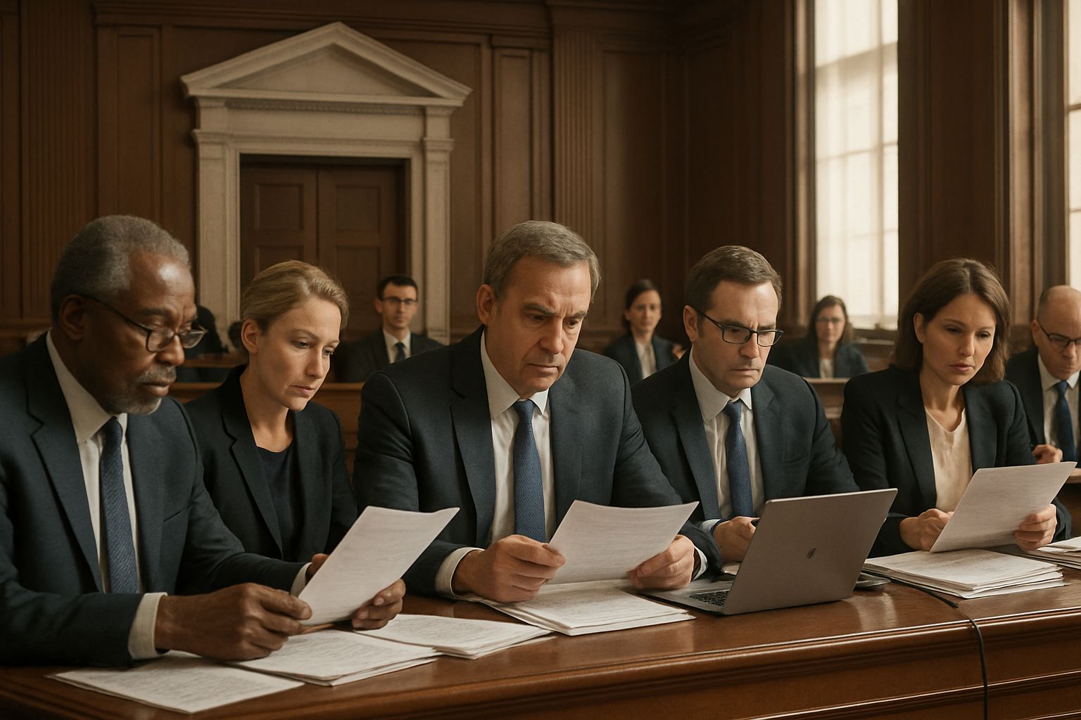 Legal experts debating market regulation during a hearing session.