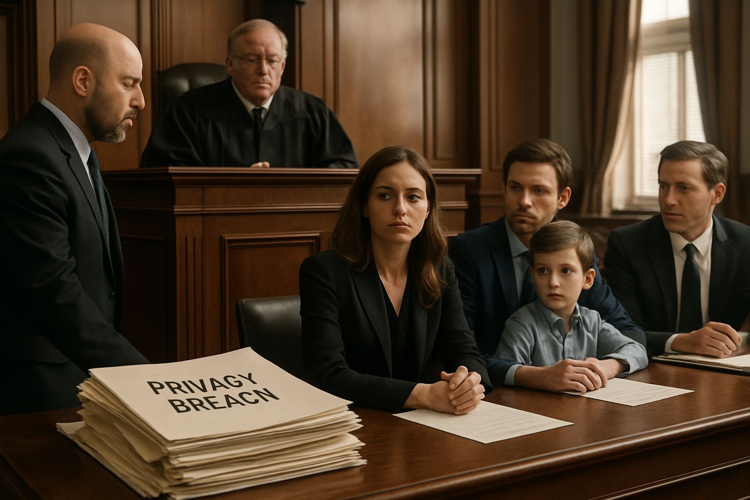 Courtroom scene representing Youth Privacy Breach lawsuits and legal actions.