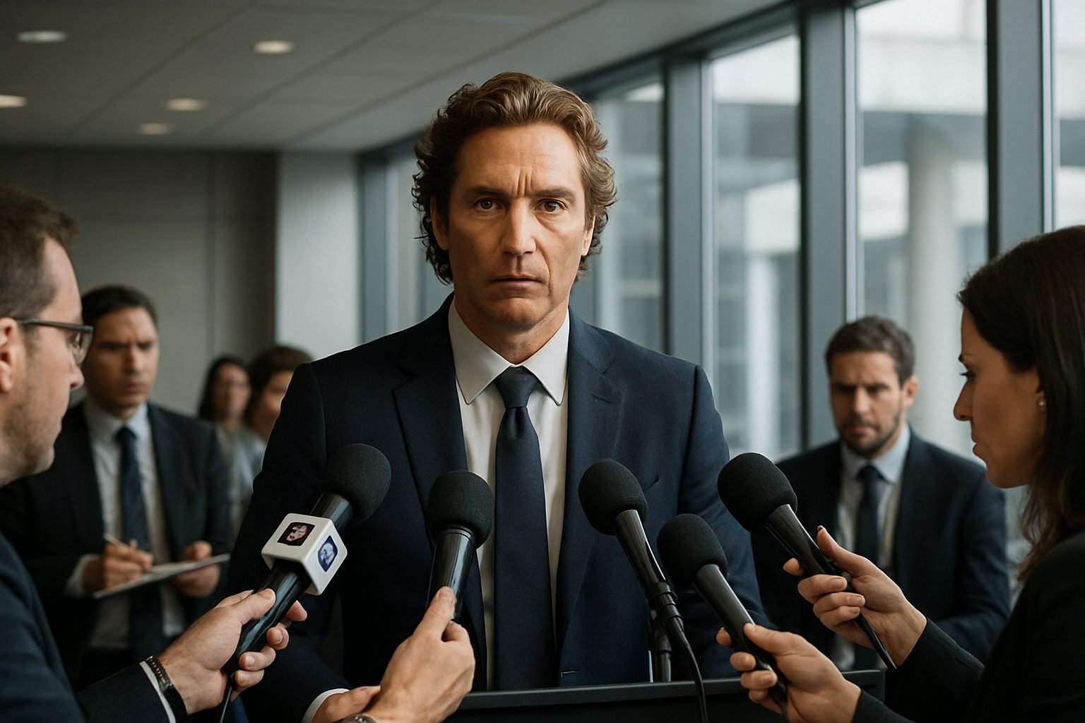Celebrity addresses McConaughey Legal Warning at press conference with journalists and microphones.
