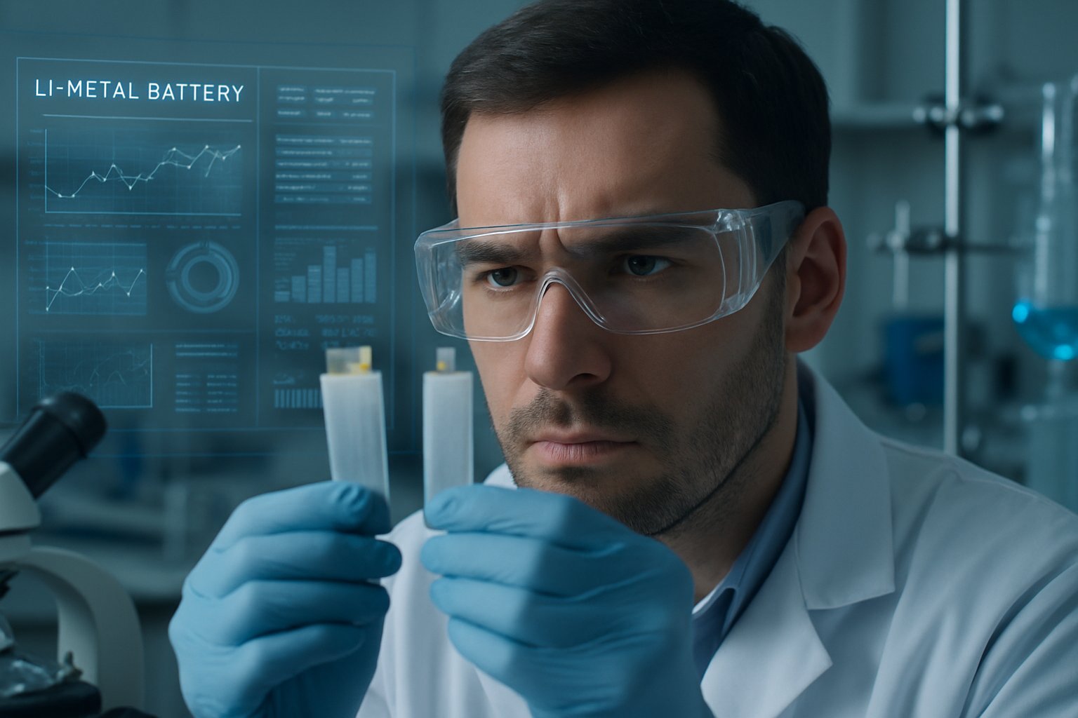 Scientist analyzing Li-Metal batteries with Materials Informatics Discovery dashboard.