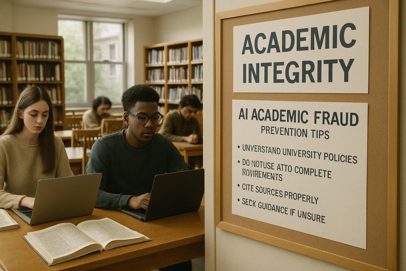 University library scene highlighting efforts to combat AI Academic Fraud among students.