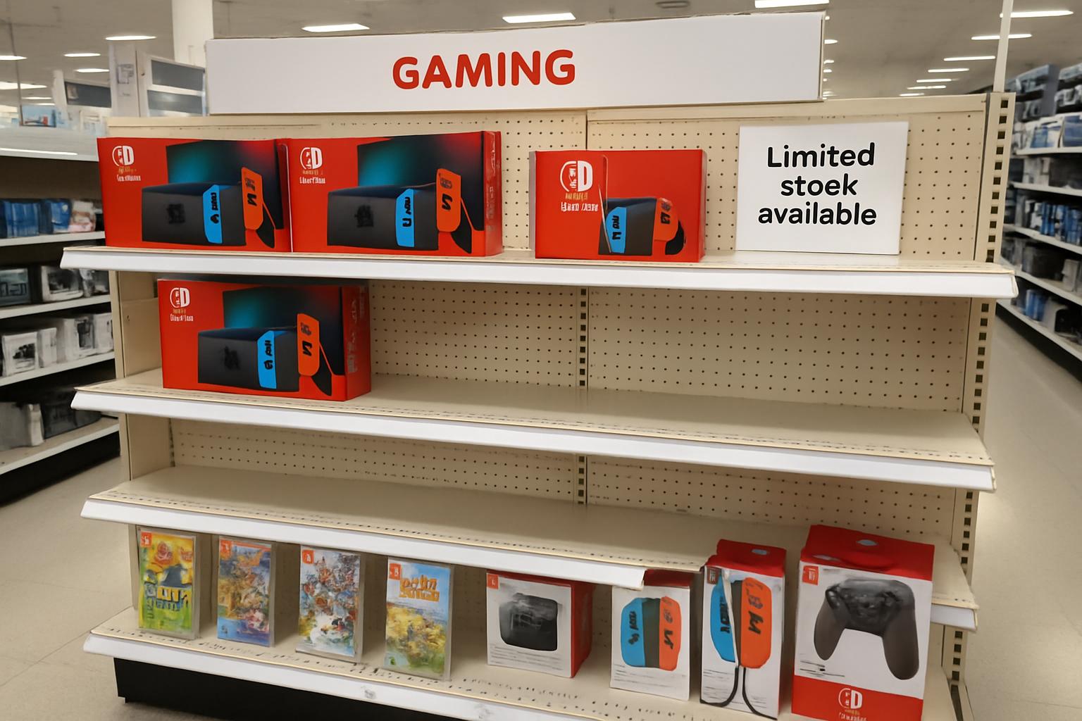 Retail store shelf with reduced Nintendo Switch 2 stock and output reduction notice