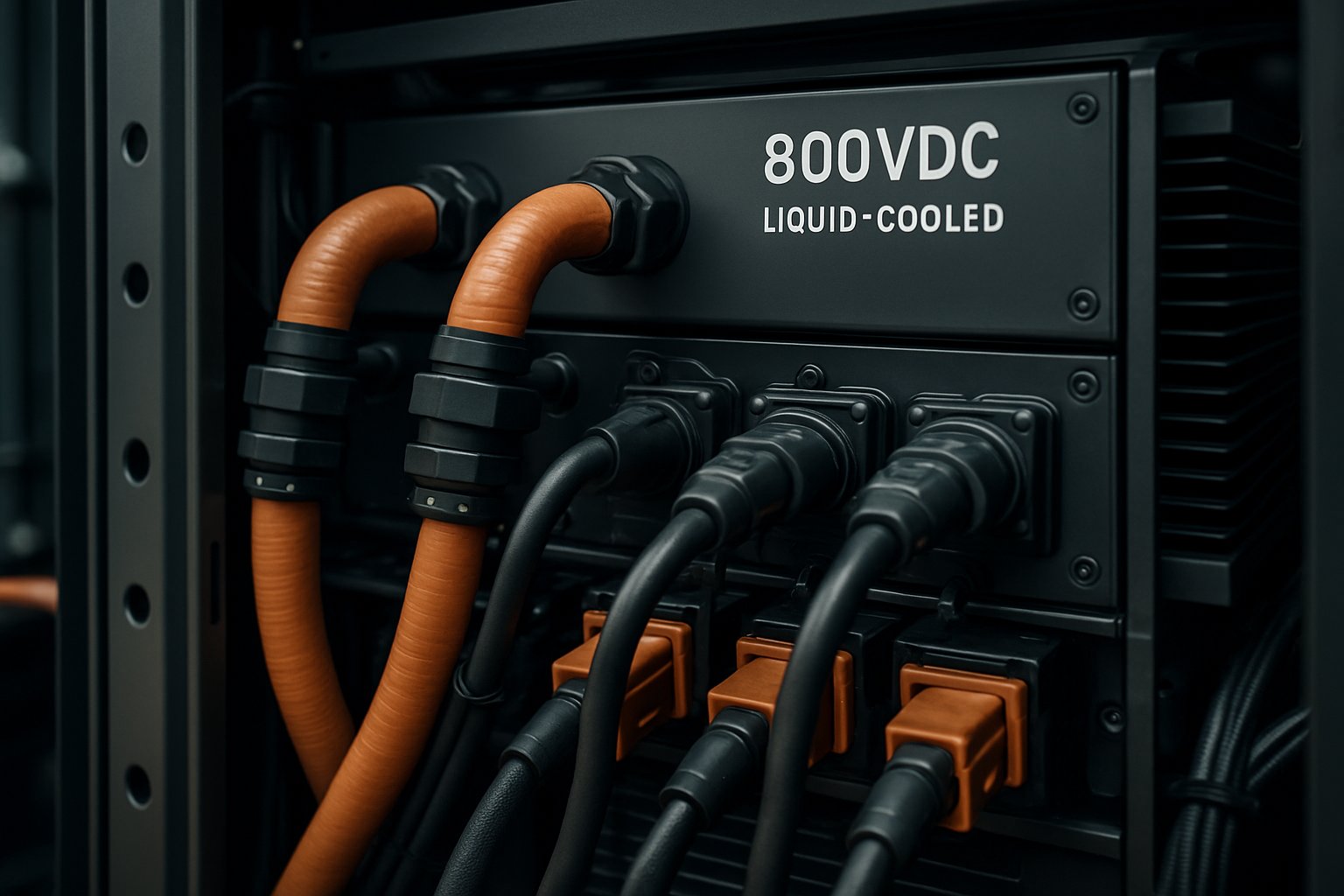 Detailed view of 800VDC liquid-cooled rack used in data center engineering.