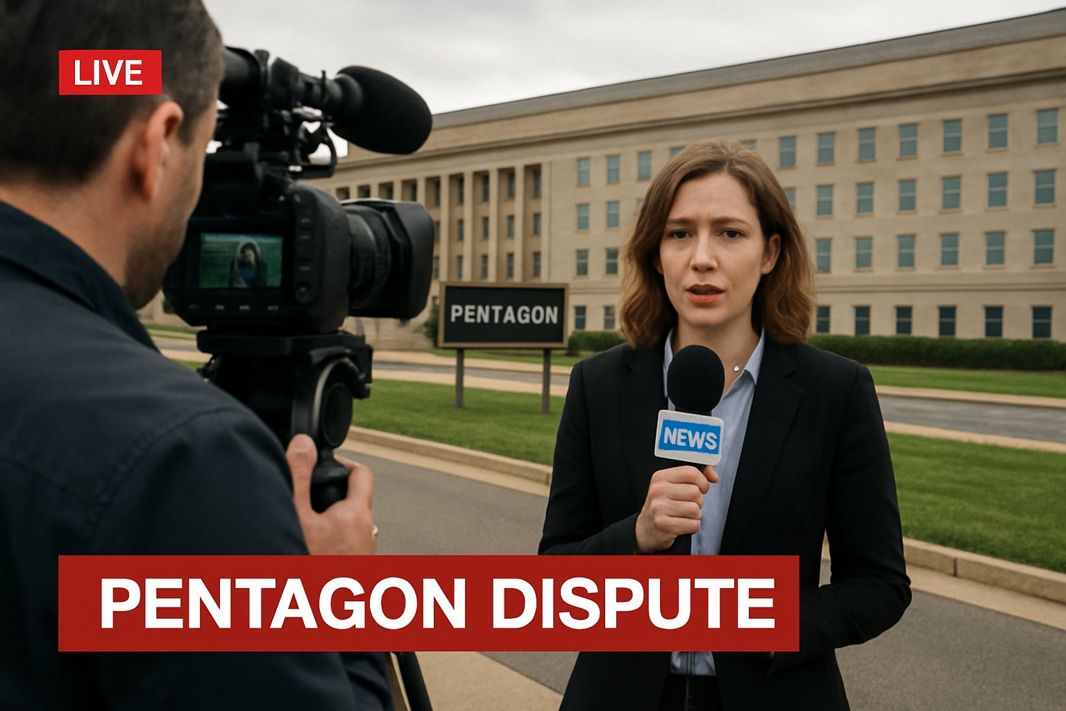 Pentagon Dispute news reporter outside the Pentagon building.