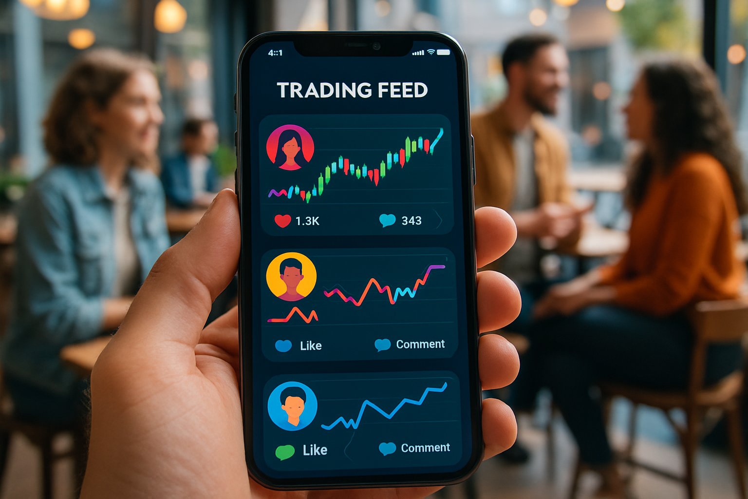 Smartphone trading feed highlights Fintech Social Interaction features.
