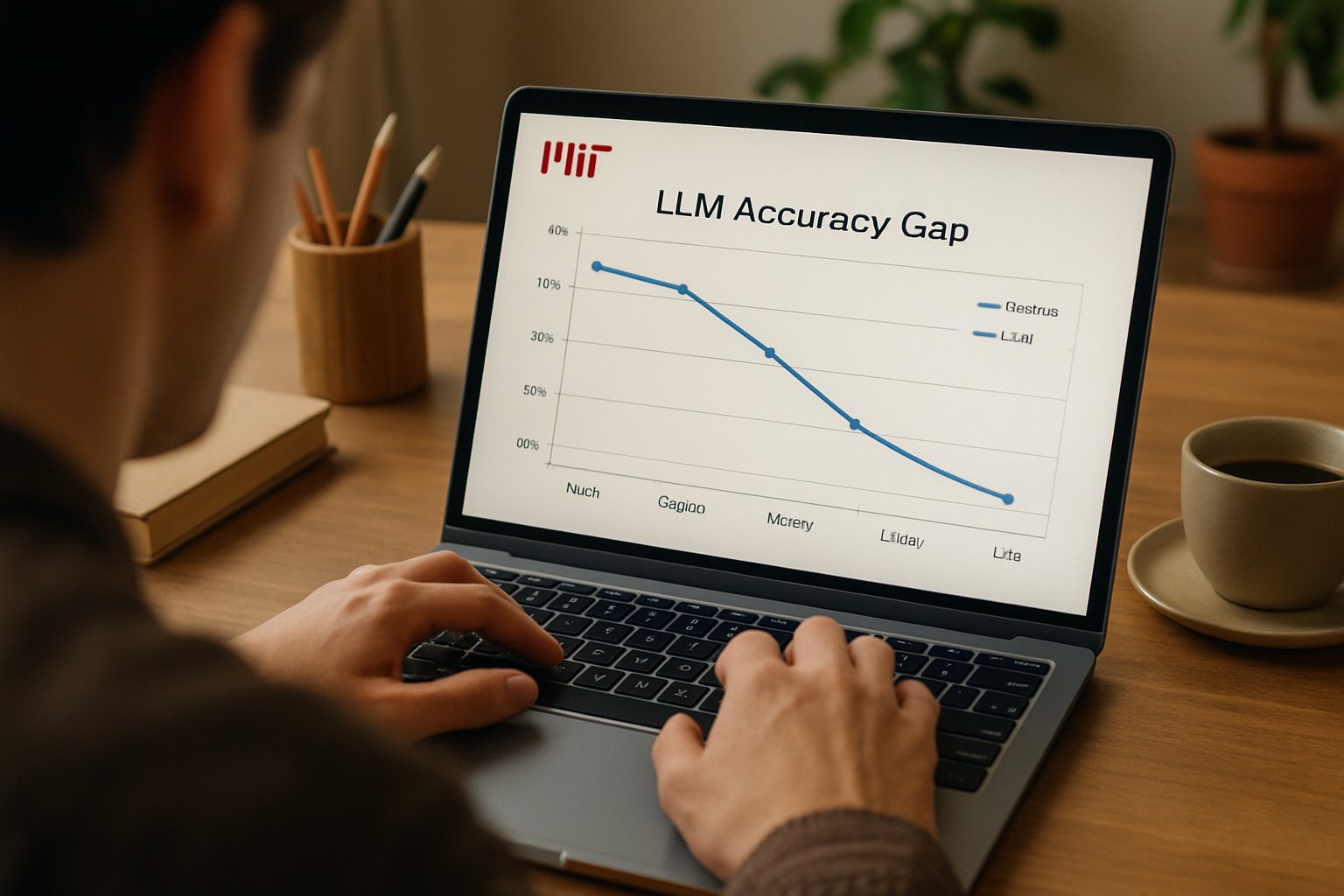 Hands type on laptop showing LLM Accuracy Gap data chart