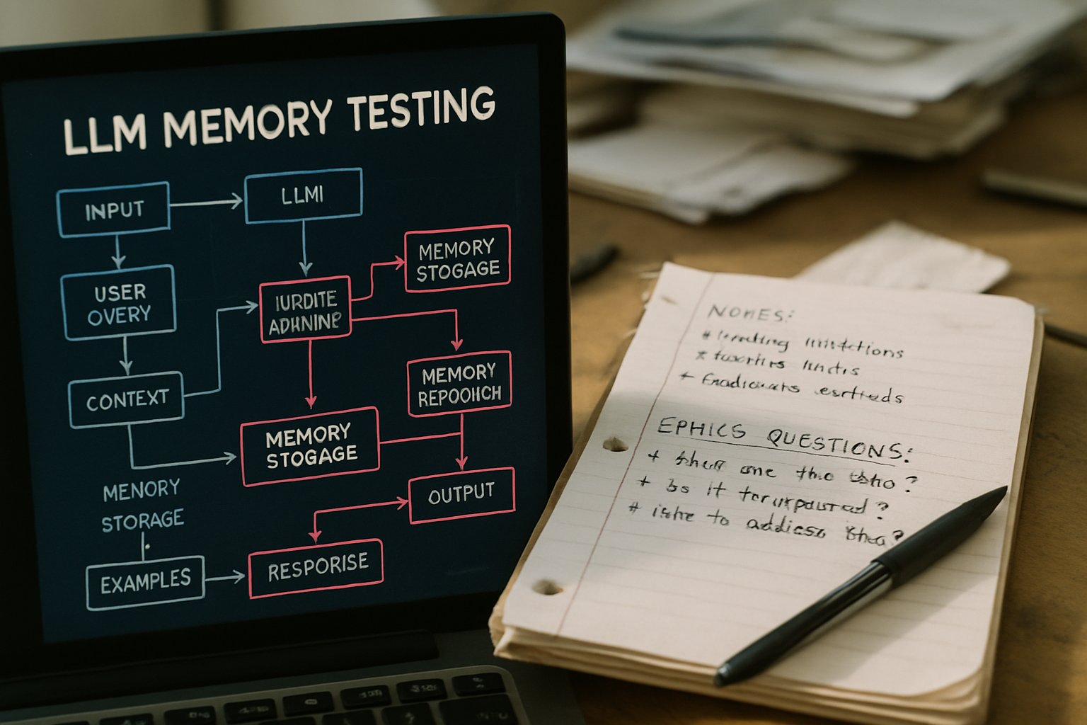 LLM Memory Testing flowchart on computer next to handwritten ethical notes.