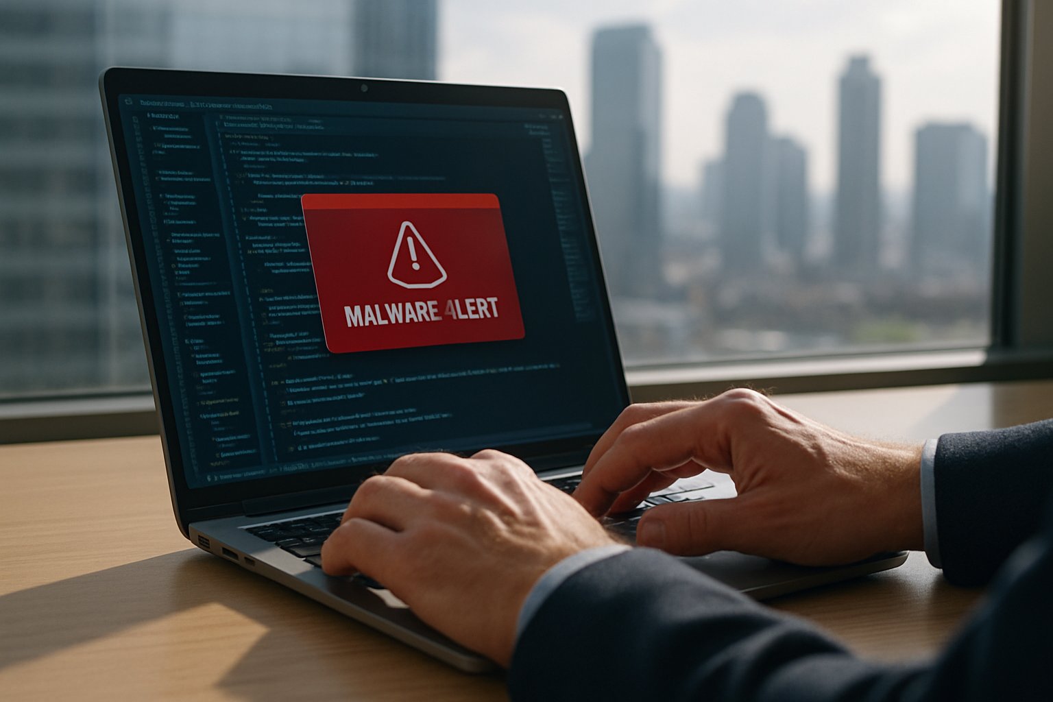 Cyber Warfare Development expert analyzing malware code on a laptop