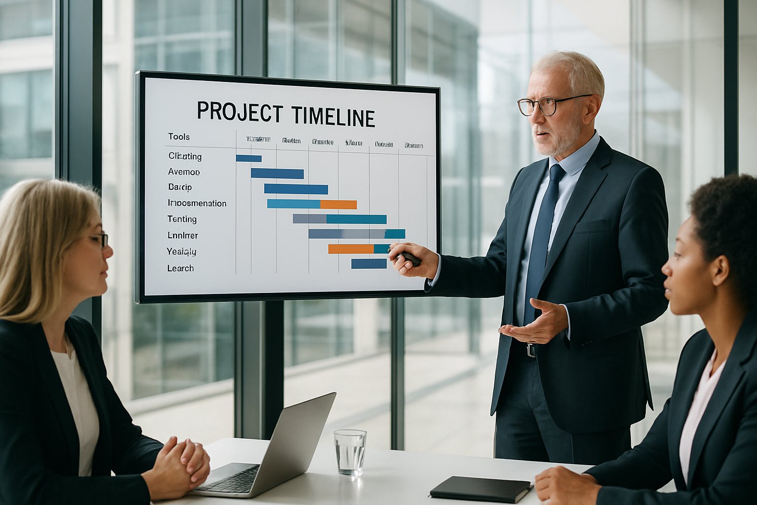 Project Delivery presentation with manager showing timeline.