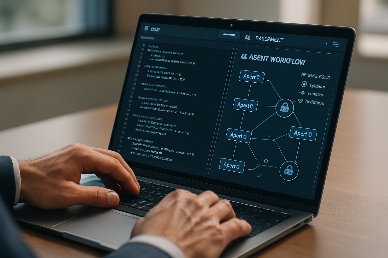Executive managing Agentic Ecosystem Orchestration AI agents on work laptop.