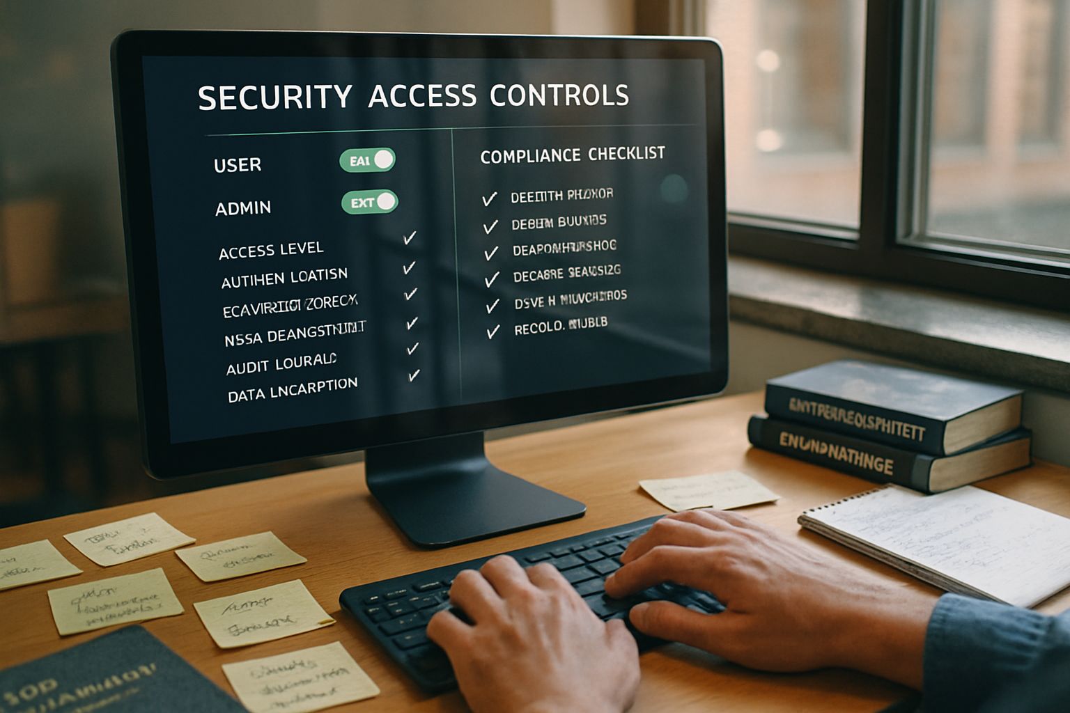 Computer display showing Internal Security Risk access controls and compliance checklist.