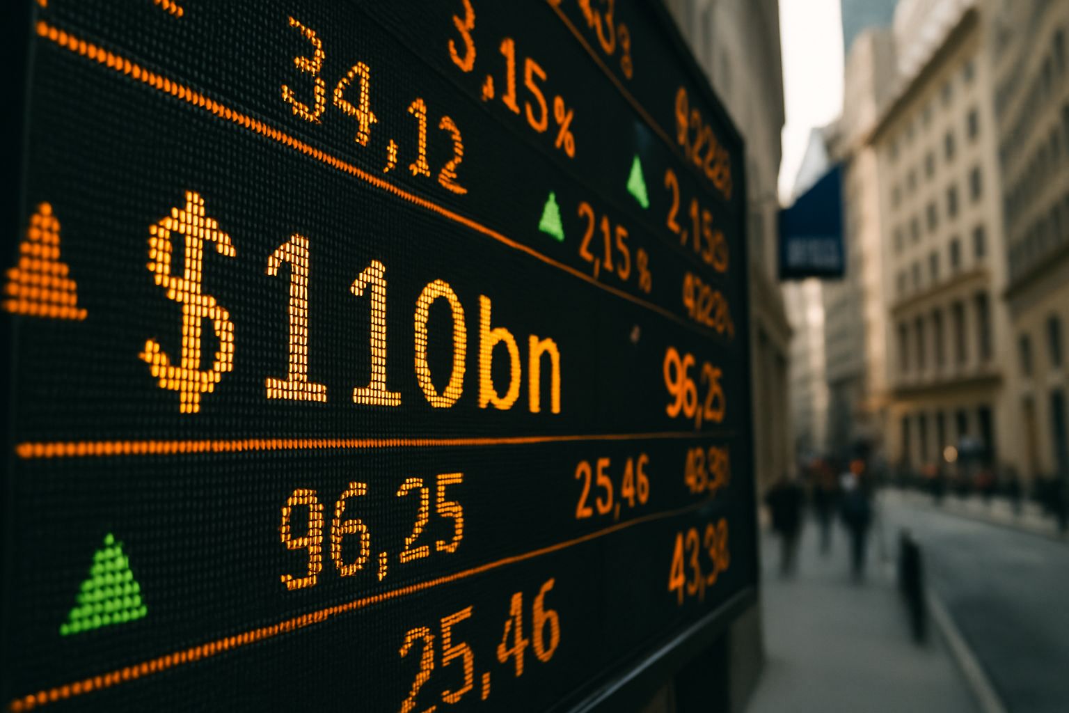 Stock market ticker highlighting $110bn Valuation in bustling financial district.