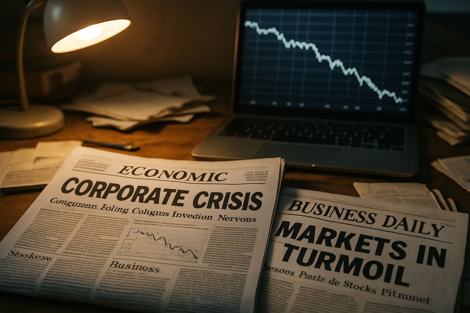 Financial news and declining charts referencing Corporate Governance Crisis.