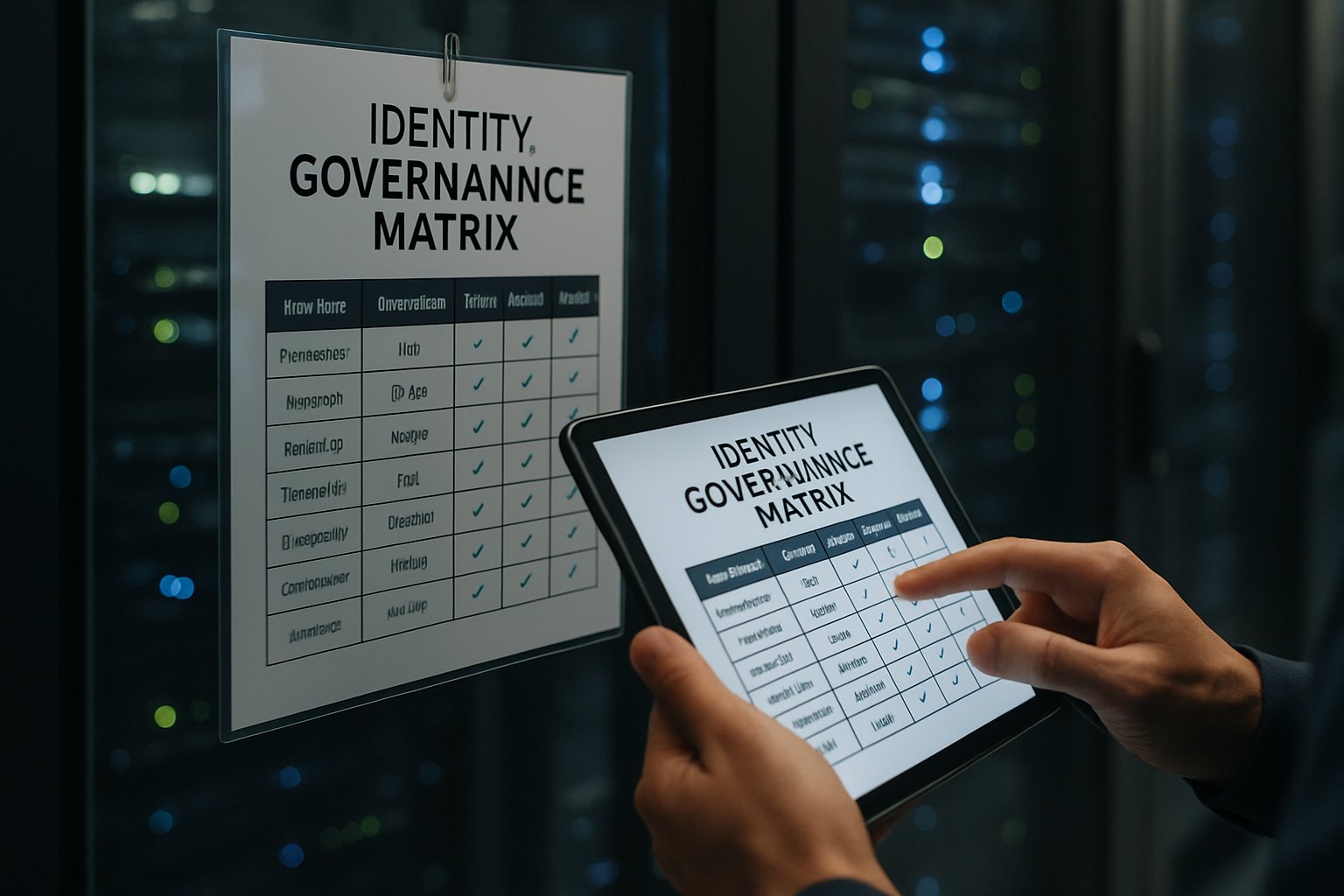 IT technician analyzing Identity Governance Matrix in secure server environment
