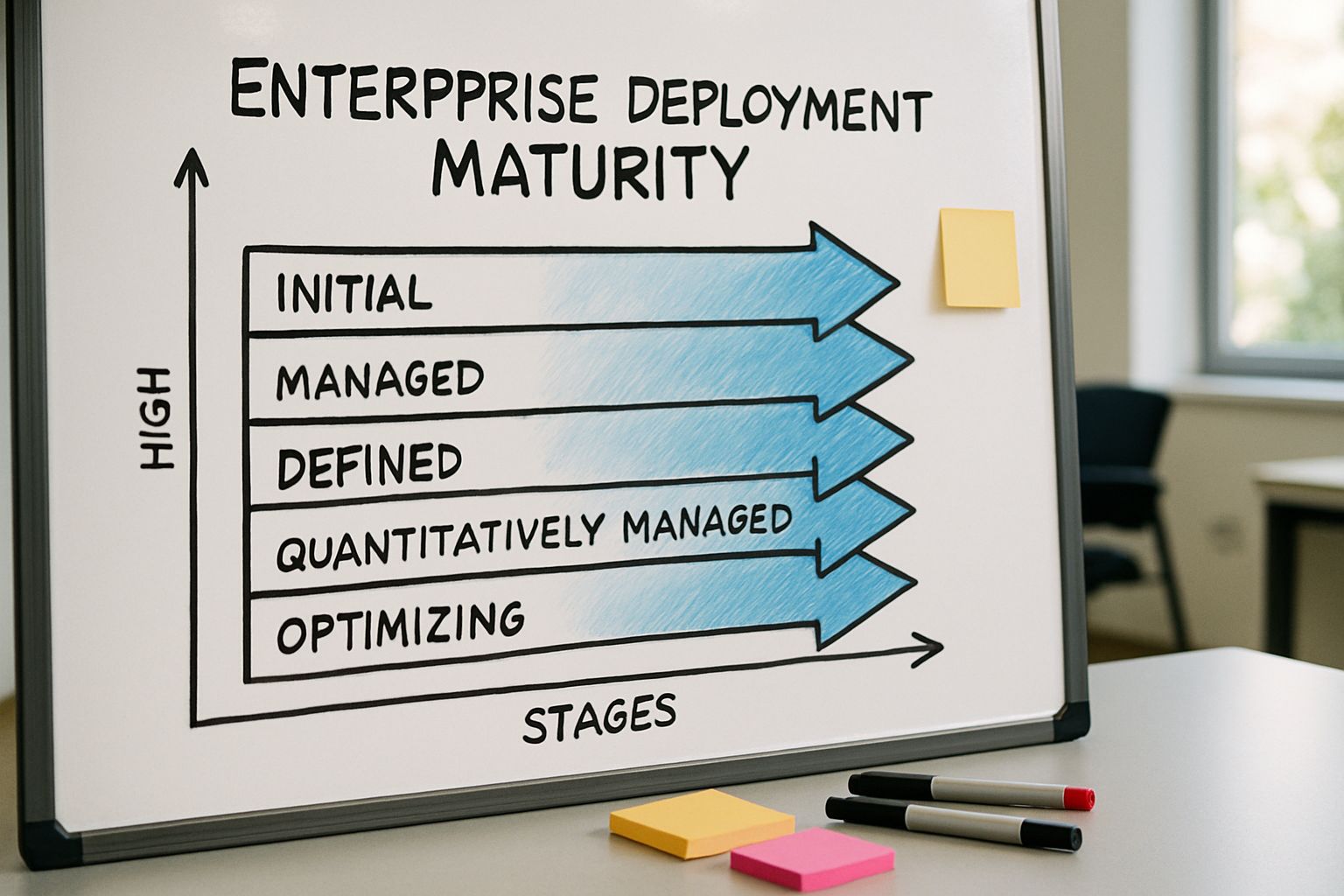 Whiteboard chart illustrating Enterprise Deployment Maturity stages with hand-drawn details.