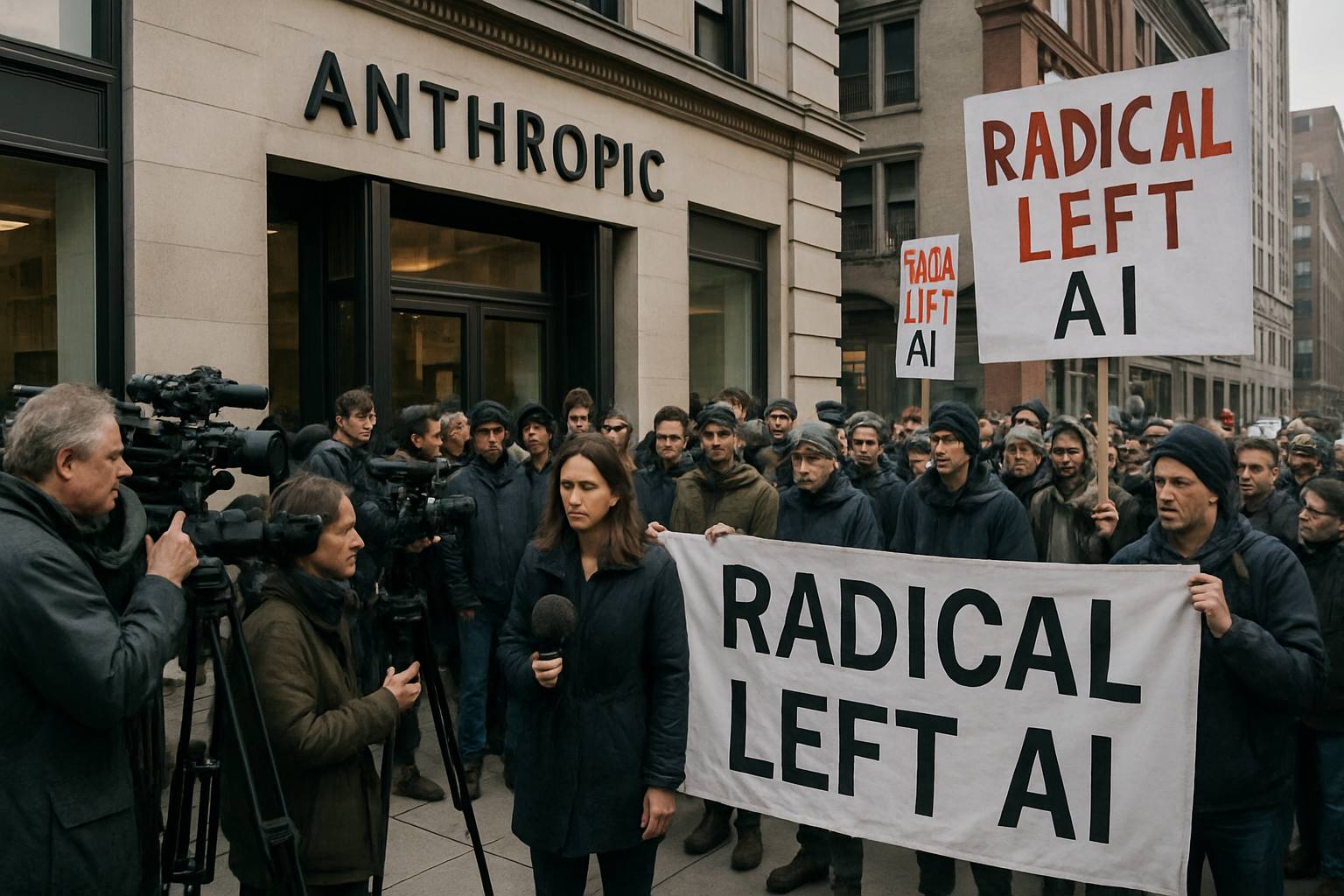 Reporters cover Radical Left AI debate outside Anthropic headquarters.