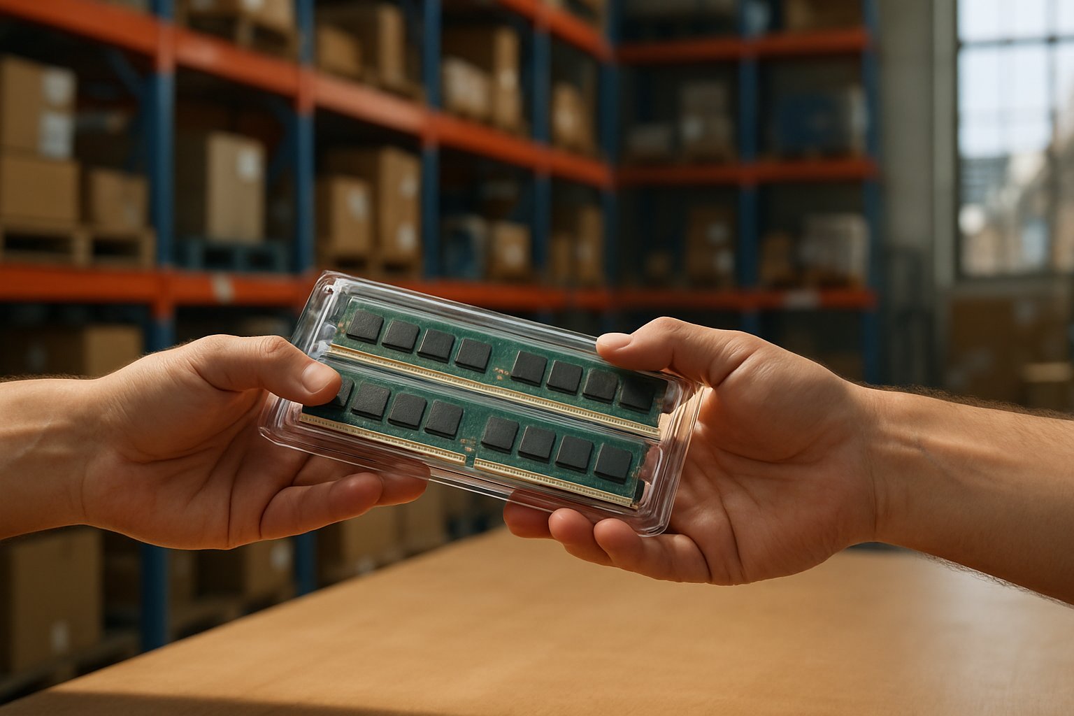 Supply Chain workers transferring memory modules in an electronics warehouse.