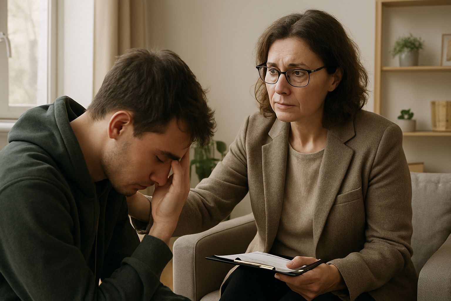 Therapist comforting distressed patient highlighting mental health aspect of Wrongful Death cases.