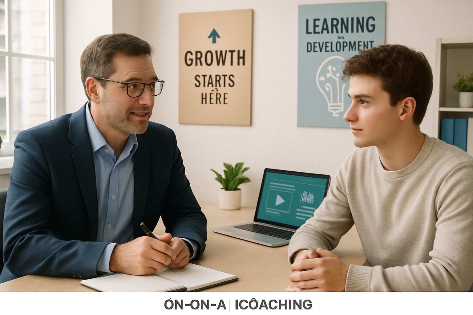 Manager mentoring employee to improve skills amid Talent Retention Crisis.