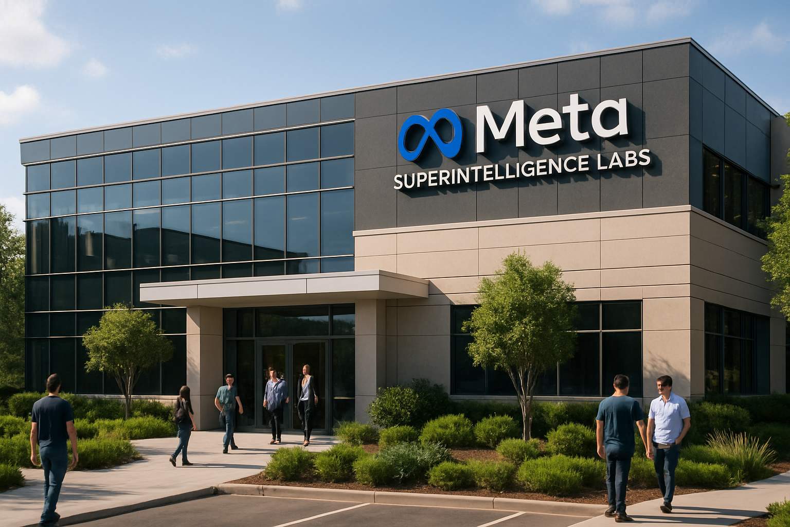 Exterior of Meta Superintelligence Labs main research building with landscaping and staff.