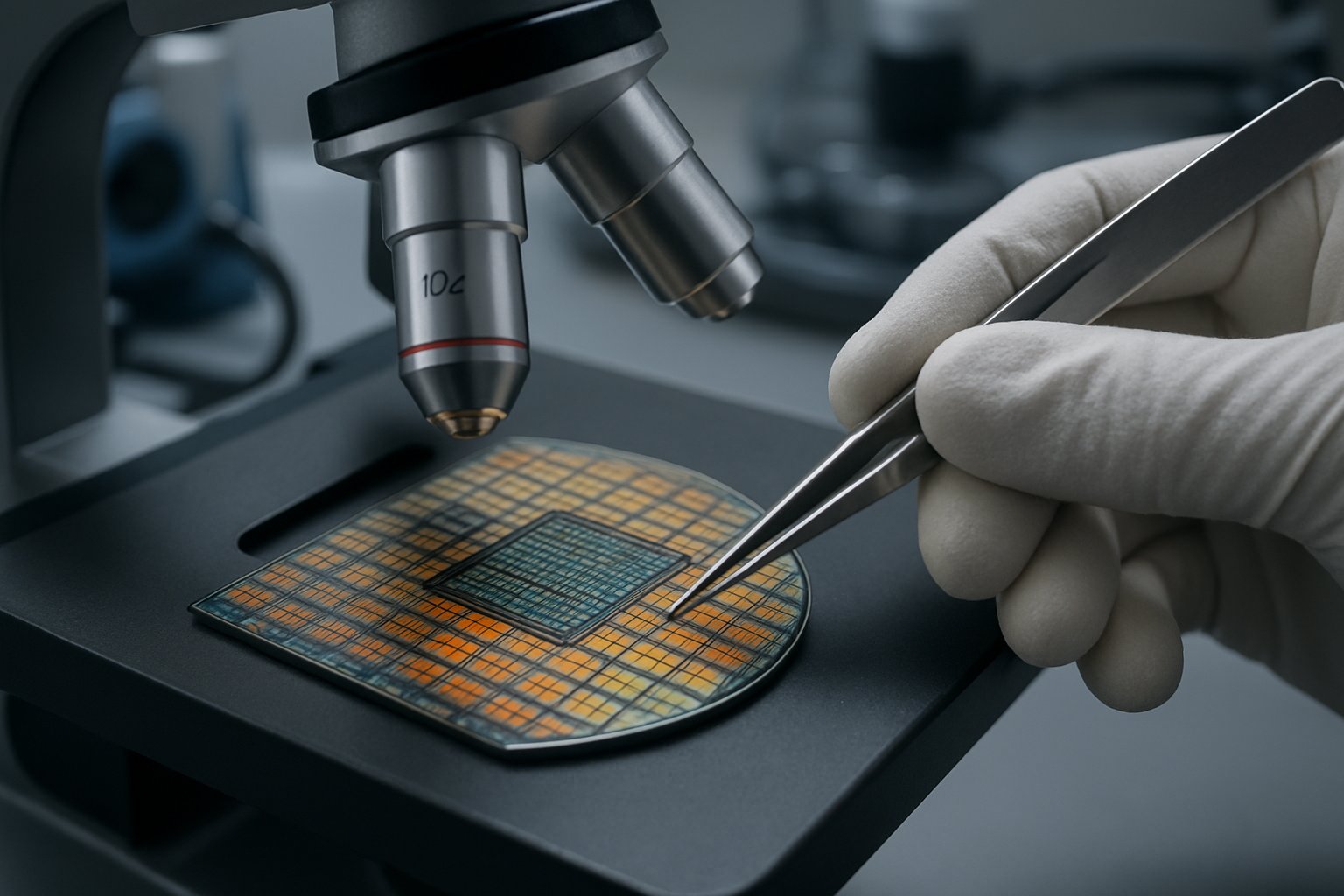 AI Memory Development close-up of advanced memory chip under microscope.