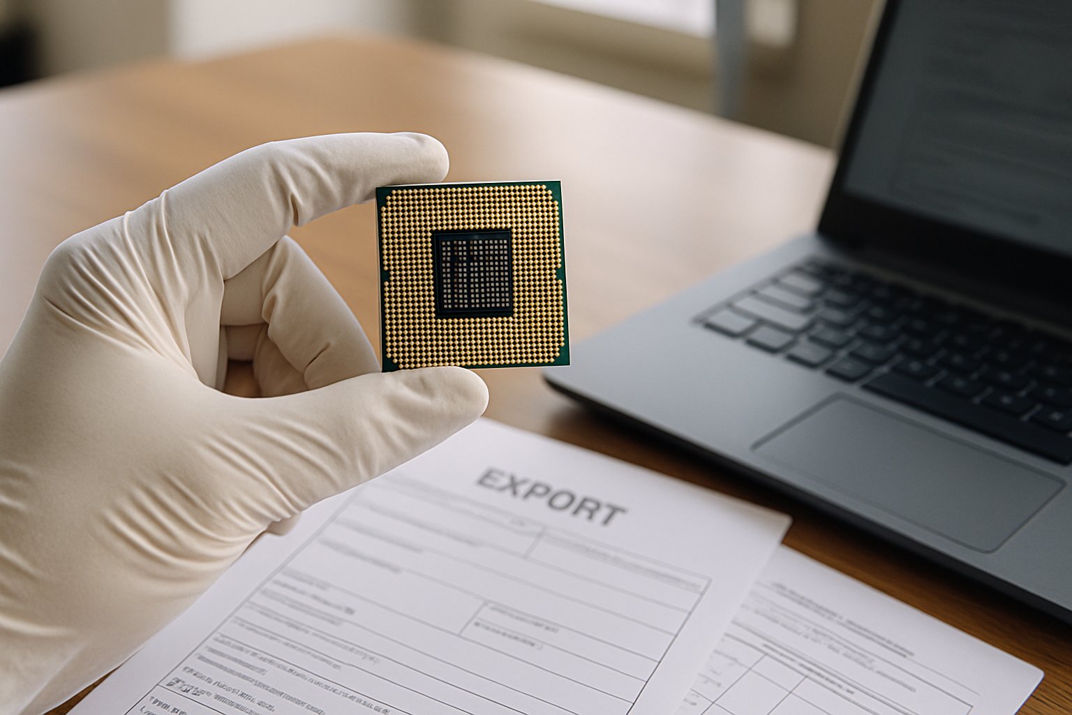 Export License Framework shown with expert examining a semiconductor chip.