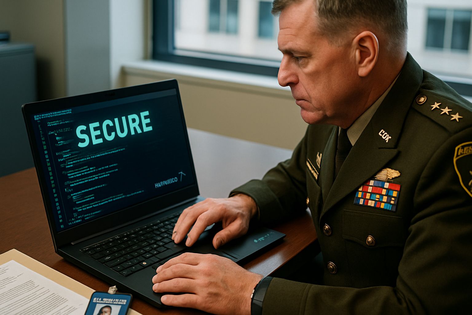 Military leader examining software during the Pentagon Software Dispute review process.