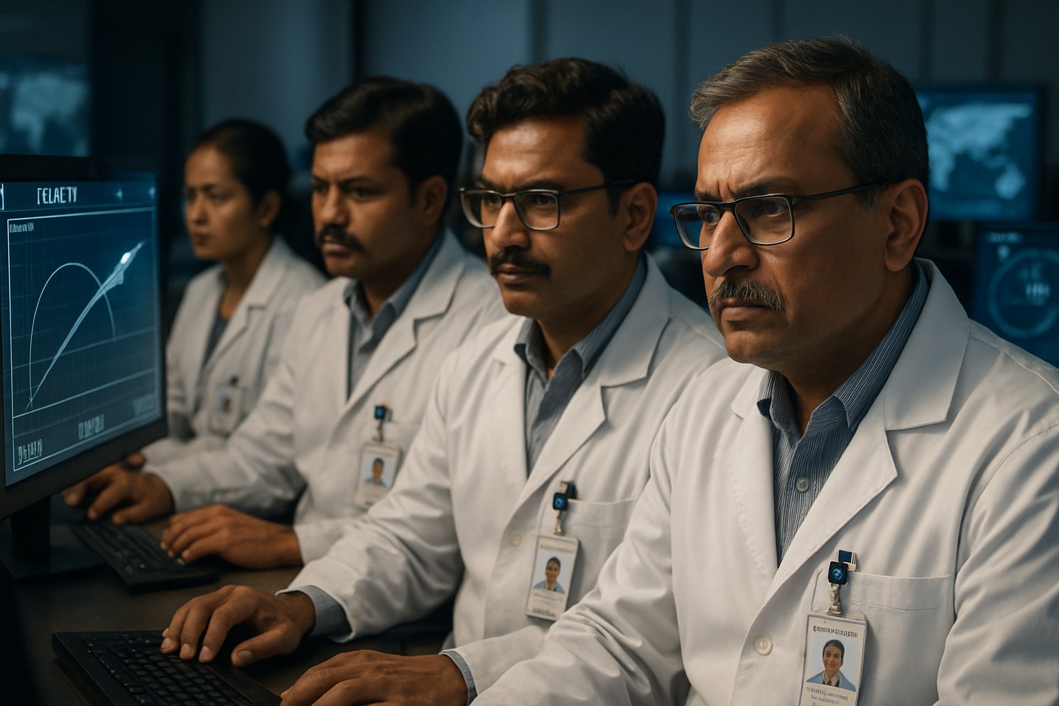 Technicians monitor guidance systems at Autonomous Missile Range control center.