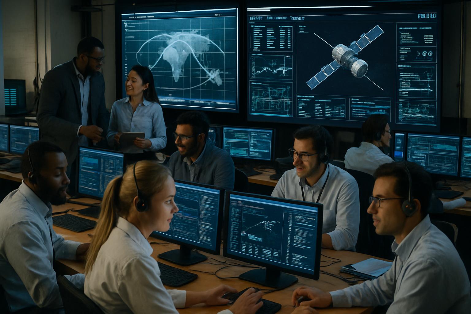 Orbital Compute mission control center with engineers tracking satellite data.