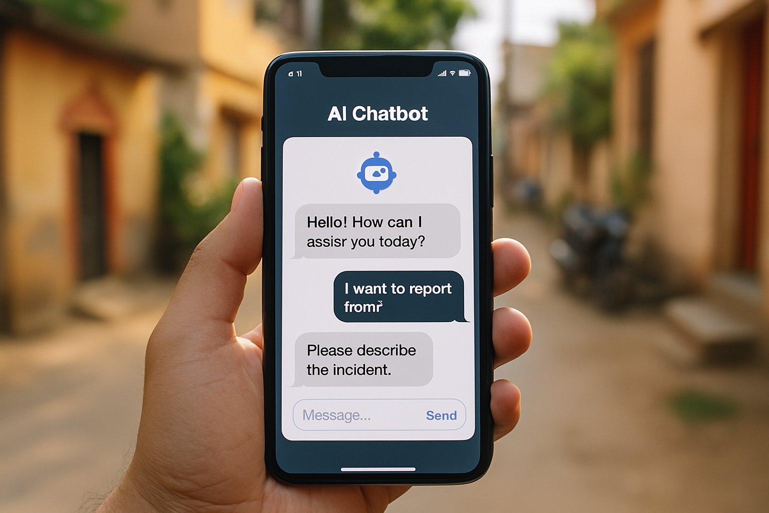 Smartphone showing Harm Reporting Mechanism AI chatbot interface.