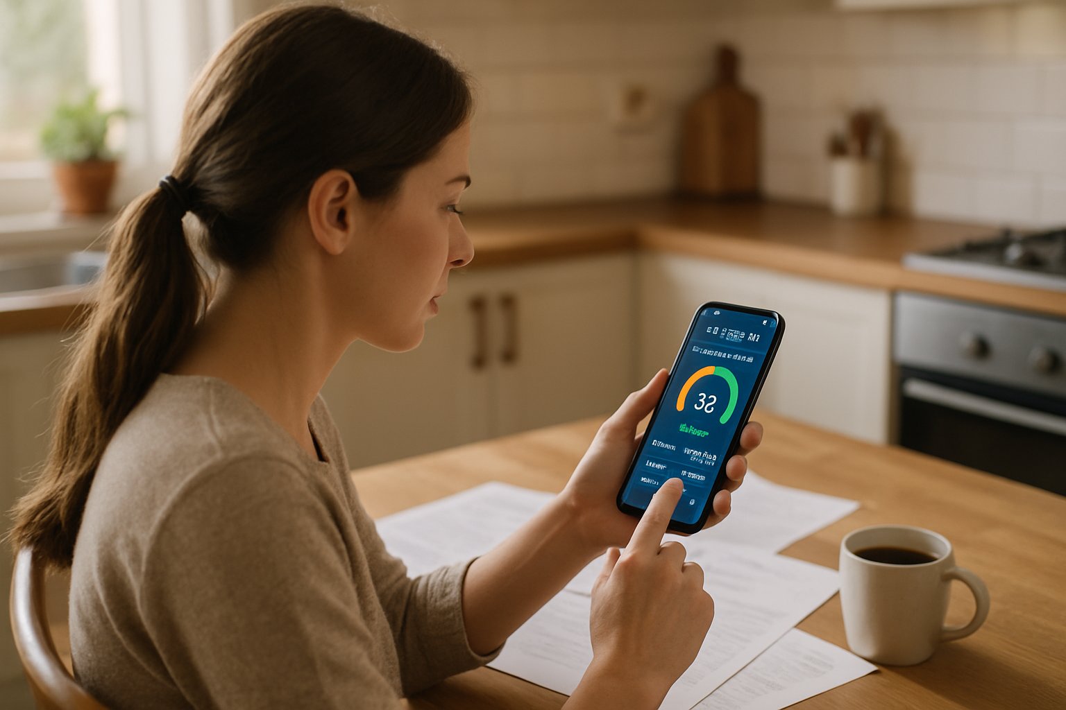 Woman using banking app to improve Financial Inclusion at home.