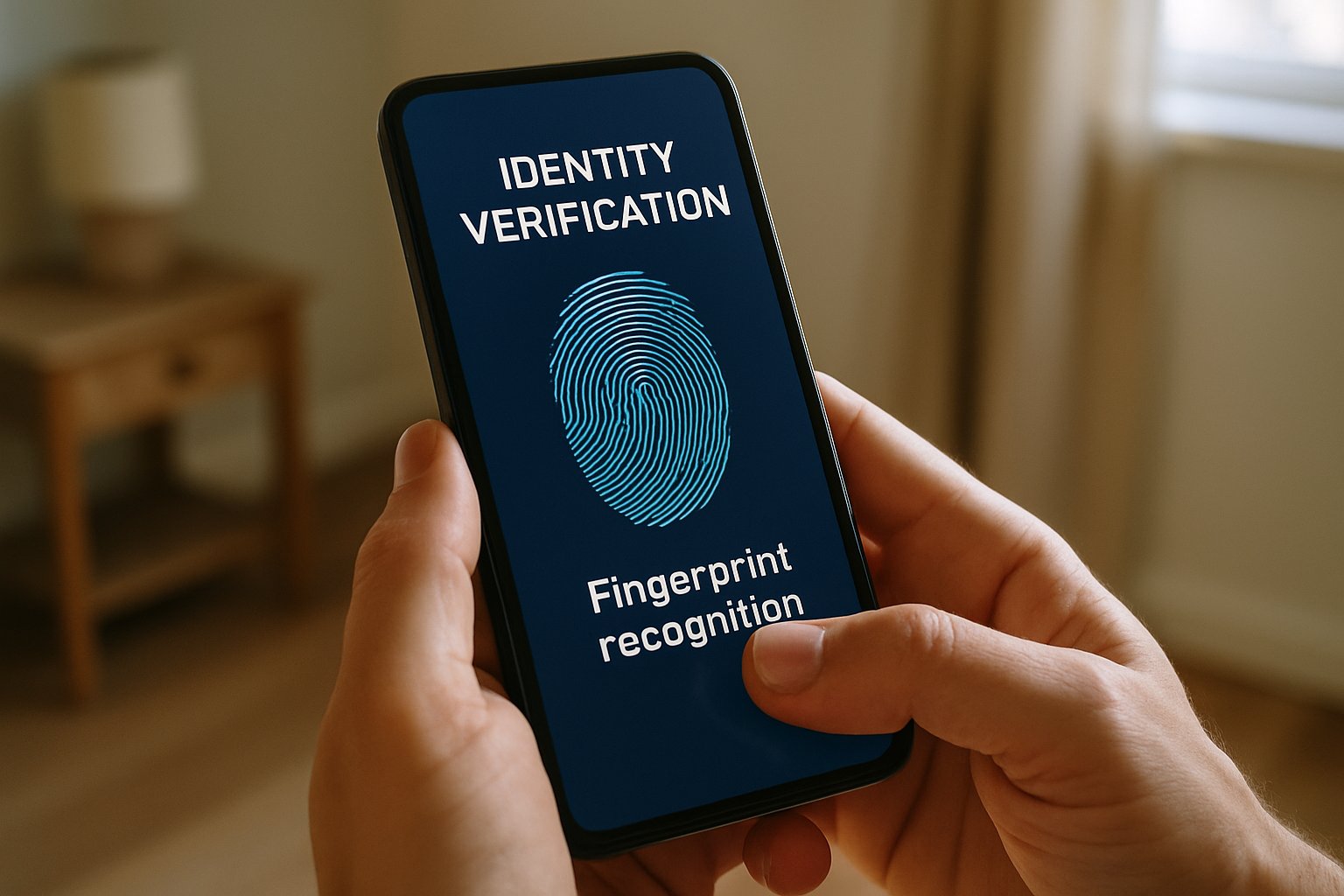 User authenticating with fingerprint for Biometric Safety Compliance on smartphone.