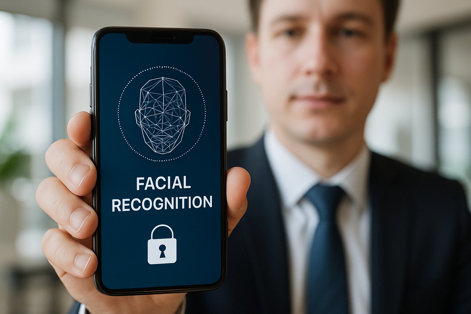 Businessperson using mobile Biometric Risk Management facial recognition authentication