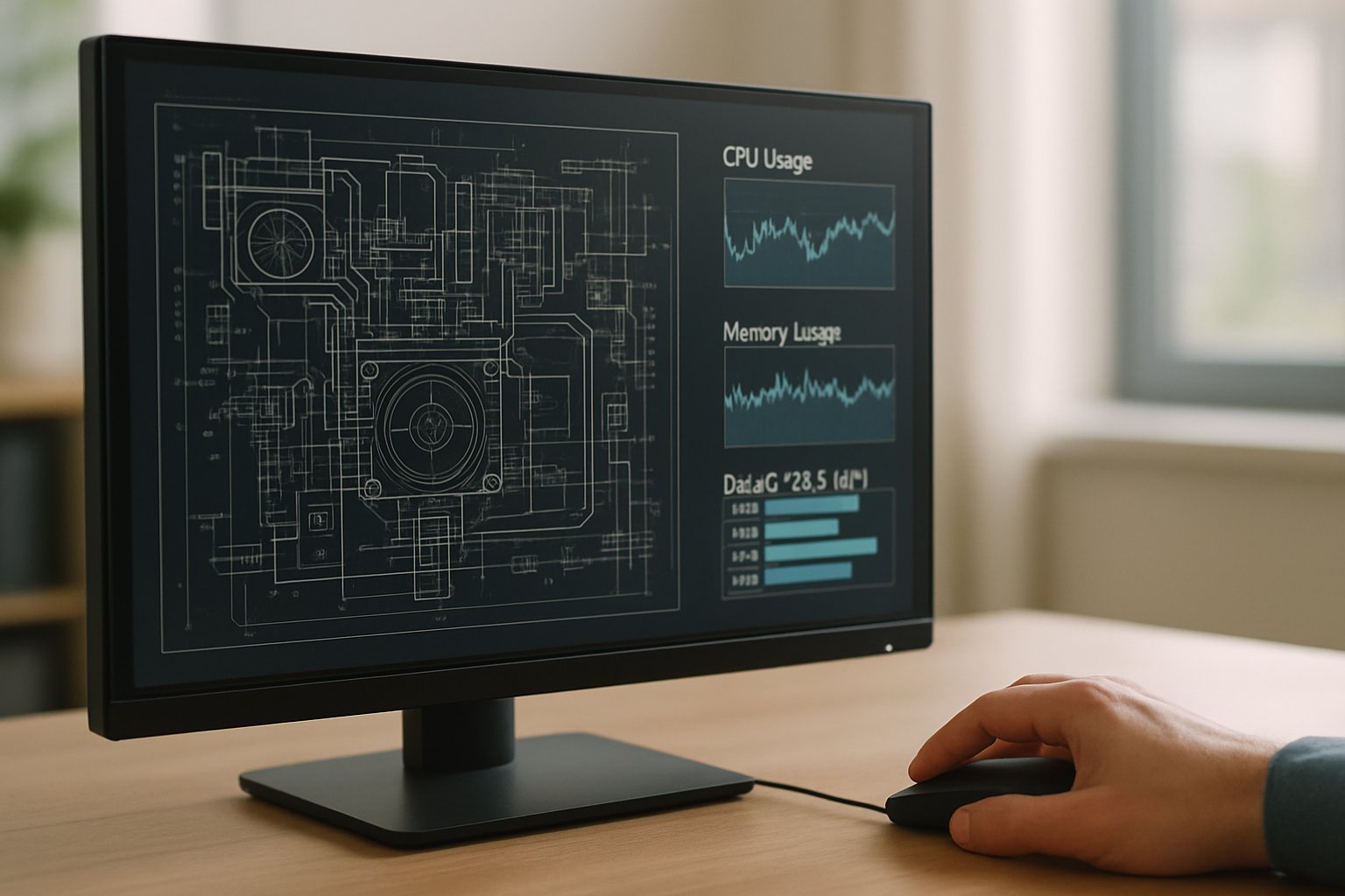 Computer screen showing Model Speculation benchmarks and technical diagrams in an office.