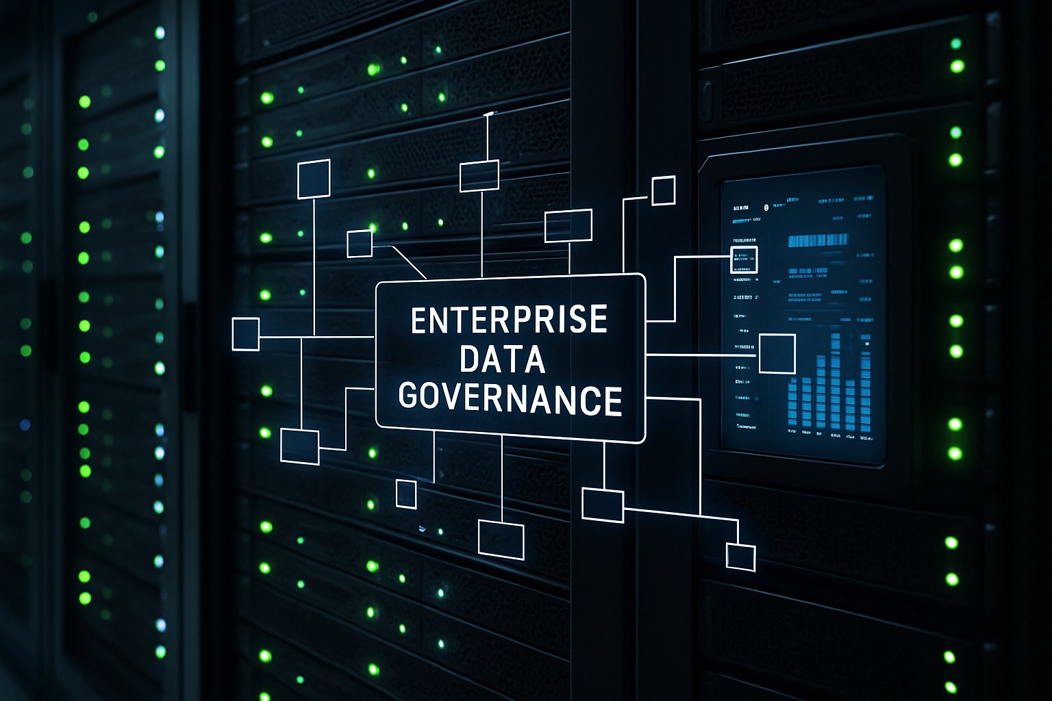 Data center illustrating Enterprise Data Governance infrastructure and Microsoft Fabric connectivity.