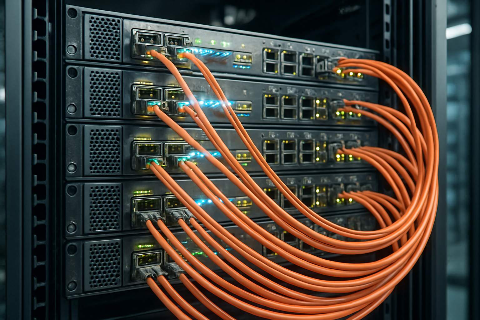 Server racks displaying advanced AI Interconnect Tech with copper cabling