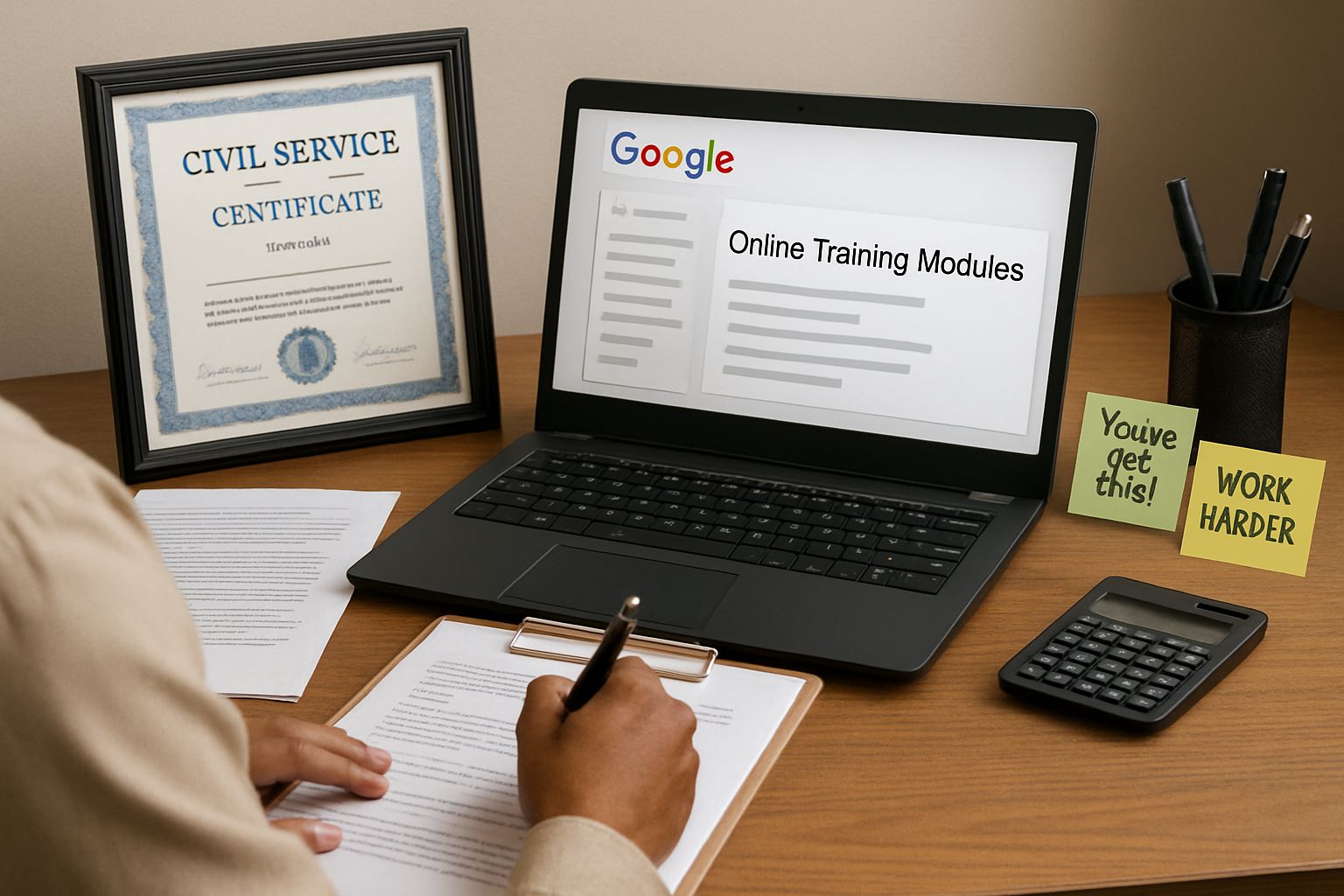 Civil Service Reskilling through Google digital training at workplace desk.