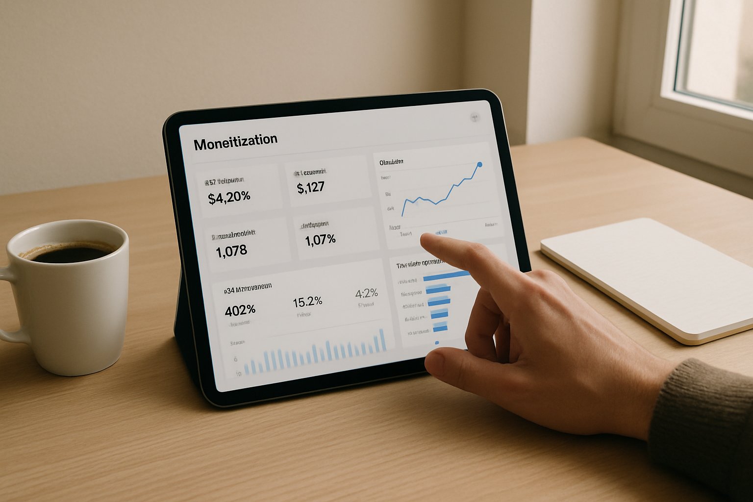 Tablet dashboard shows Content Monetization statistics in bright, natural workspace.