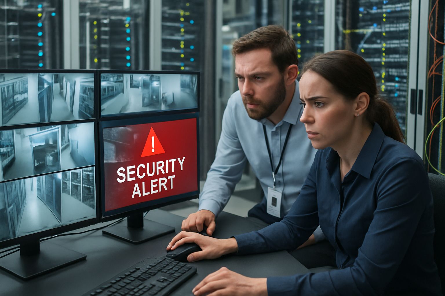 Data center security staff monitoring vulnerability alerts after drone incident.